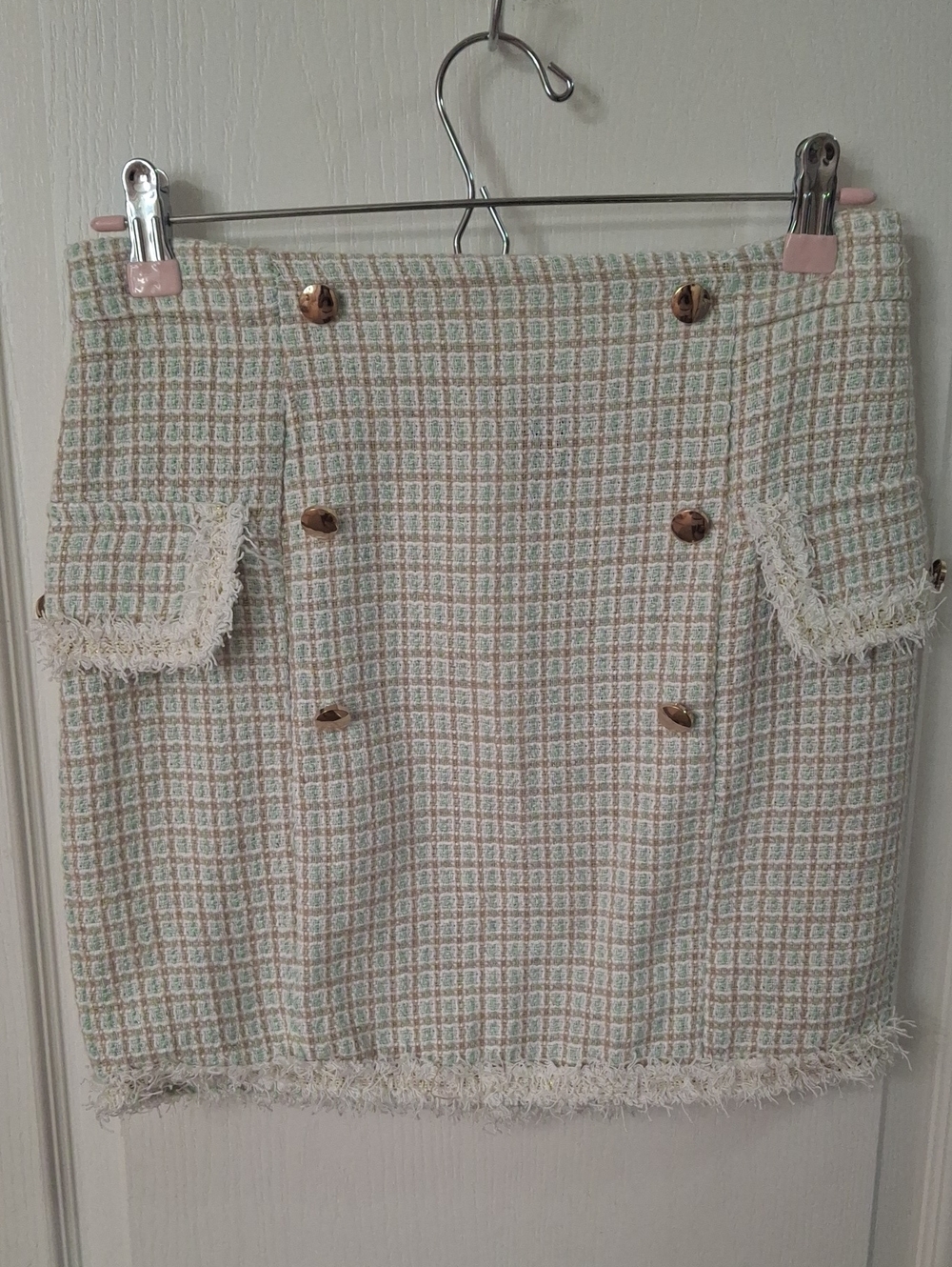 Tweed Mini Skirt with Fringe and Gold Buttons  Cream & Light Green    Size M